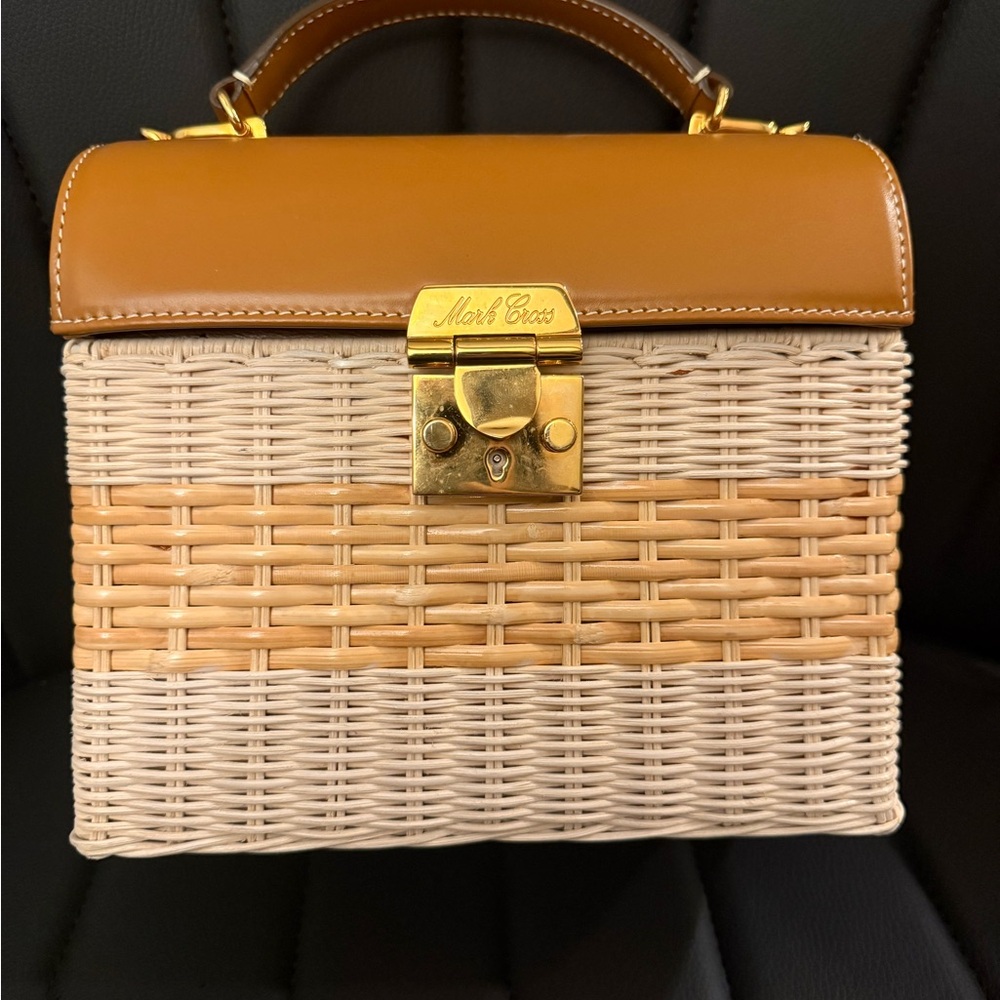 Mark Cross Two-Tone Wicker Top-Handle Bag in Tan and Cream